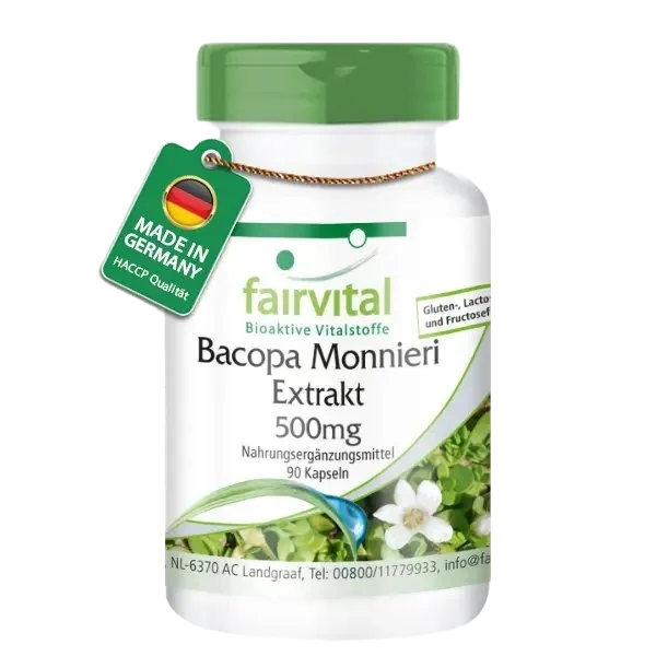 Bacopa Monnieri Extrakt 500mg - Brahmi Kapseln - mit 20% Bacoside - 90 Kapseln - Hochdosiert und Vegan | Fairvital Bacopa Monnieri Extrakt 500mg - Brahmi Kapseln - mit 20% Bacoside - 90 Kapseln - Hochdosiert und Vegan | Fairvital