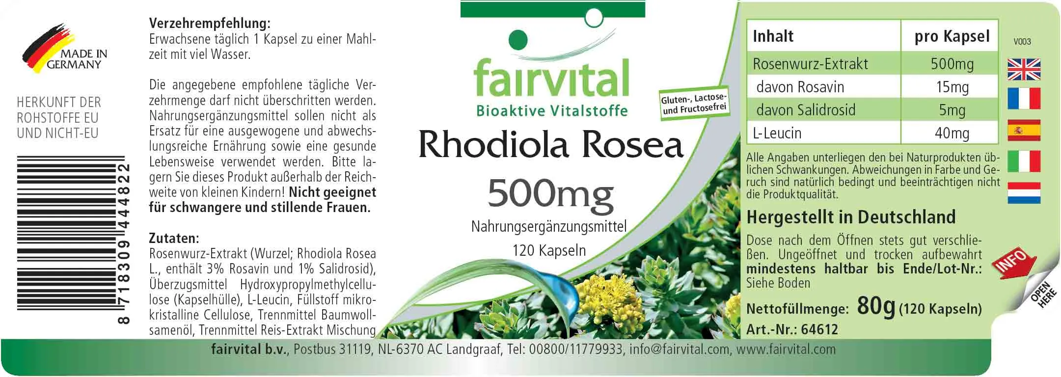 Rhodiola Rosea 500mg - 120 Kapseln - Rosenwurz Wurzel Extrakt - Hochdosiert und Vegan | Fairvital Rhodiola Rosea 500mg - 120 Kapseln - Rosenwurz Wurzel Extrakt - Hochdosiert und Vegan | Fairvital