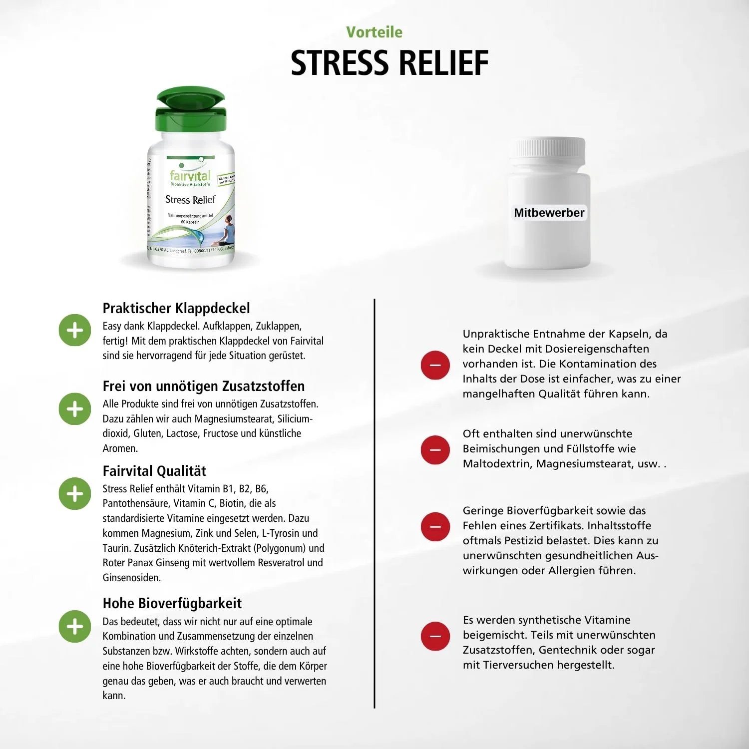 Stress Relief -  60 Kapseln - mit B-Vitaminen; Vitamin C; Zink uvm. - für Nervensystem; Zellschutz uvm. | Fairvital