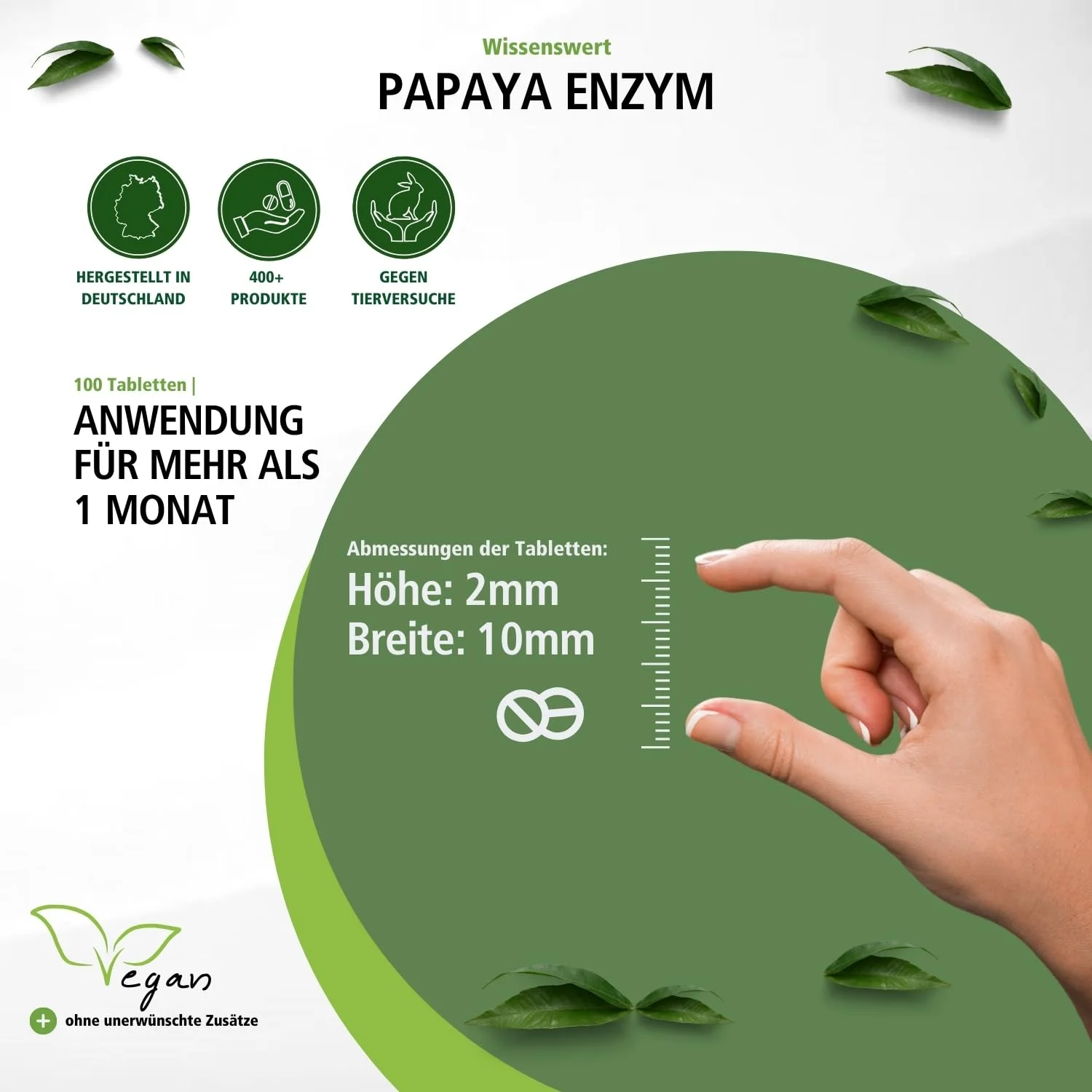 Papaya Enzym - 100 Tabletten - Schluckfreundlich - mit Papain; Amylase und Protease - Hochdosiert und Vegan | Fairvital