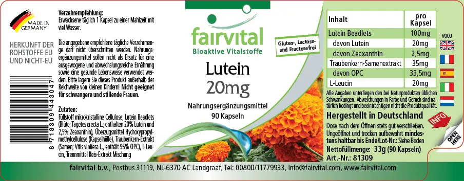 Lutein 20mg - 90 Kapseln - mit Zeaxanthin - mikroverkapselt - ohne Magnesiumstearat | Fairvital Lutein 20mg - 90 Kapseln - mit Zeaxanthin - mikroverkapselt - ohne Magnesiumstearat | Fairvital