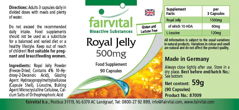 Gelee Royale 500mg - 90 Kapseln - standardisiert auf 4% 10-HDA - Hochdosiert | Fairvital Gelee Royale 500mg - 90 Kapseln - standardisiert auf 4% 10-HDA - Hochdosiert | Fairvital