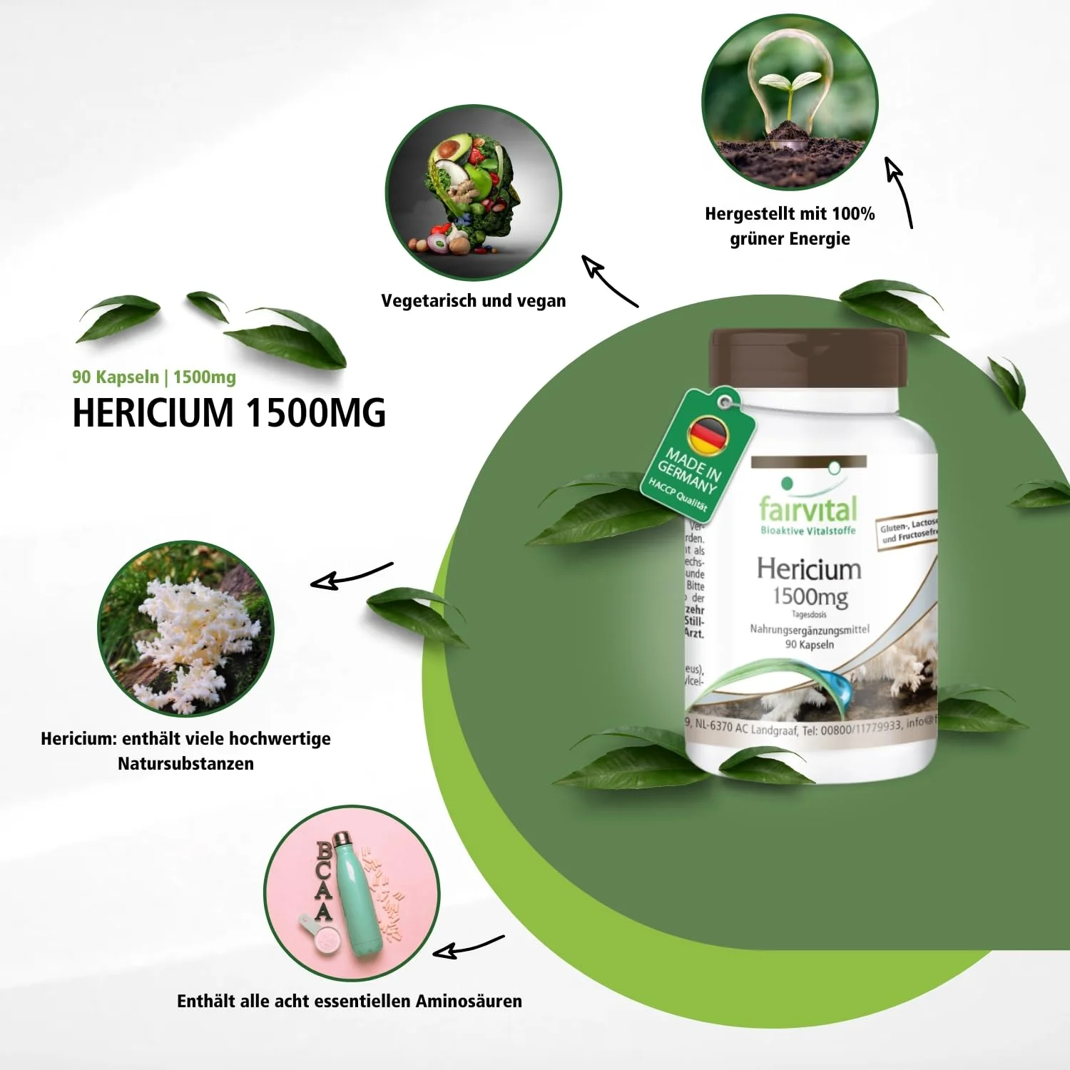 Hericium 1500mg Tagesdosis - 90 Kapseln - schluckfreundlich - Hericium Erinaceus - hochdosiert und vegan | Fairvital