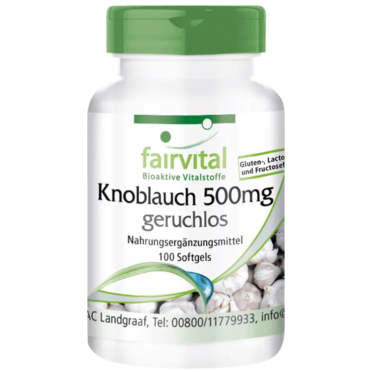 Knoblauch geruchlos 500mg - 100 Softgels - enthält Alliicin - Knoblauch 100:1 Extrakt | Fairvital Knoblauch geruchlos 500mg - 100 Softgels - enthält Alliicin - Knoblauch 100:1 Extrakt | Fairvital