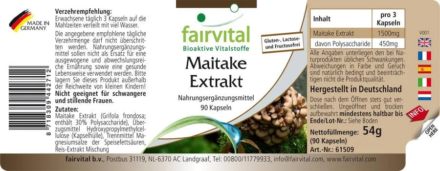 Maitake Extrakt - 90 Kapseln - Grifola frondosa - 30% Polysaccharide - Hochdosiert und Vegan | Fairvital Maitake Extrakt - 90 Kapseln - Grifola frondosa - 30% Polysaccharide - Hochdosiert und Vegan | Fairvital