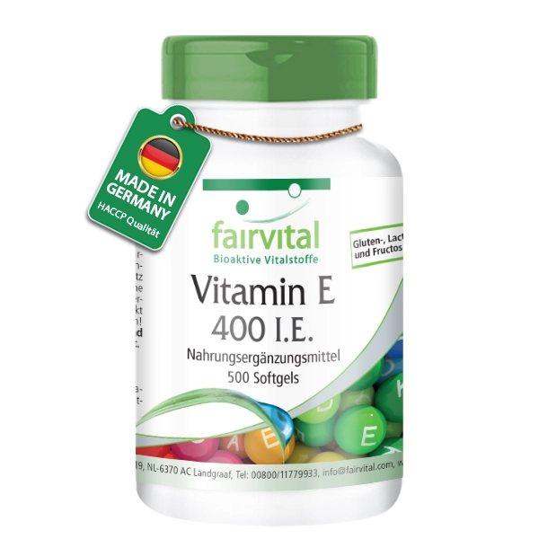 Vitamin E 400 I.E. - 500 Softgels - für Zellschutz - Vegan | Fairvital Vitamin E 400 I.E. - 500 Softgels - für Zellschutz - Vegan | Fairvital