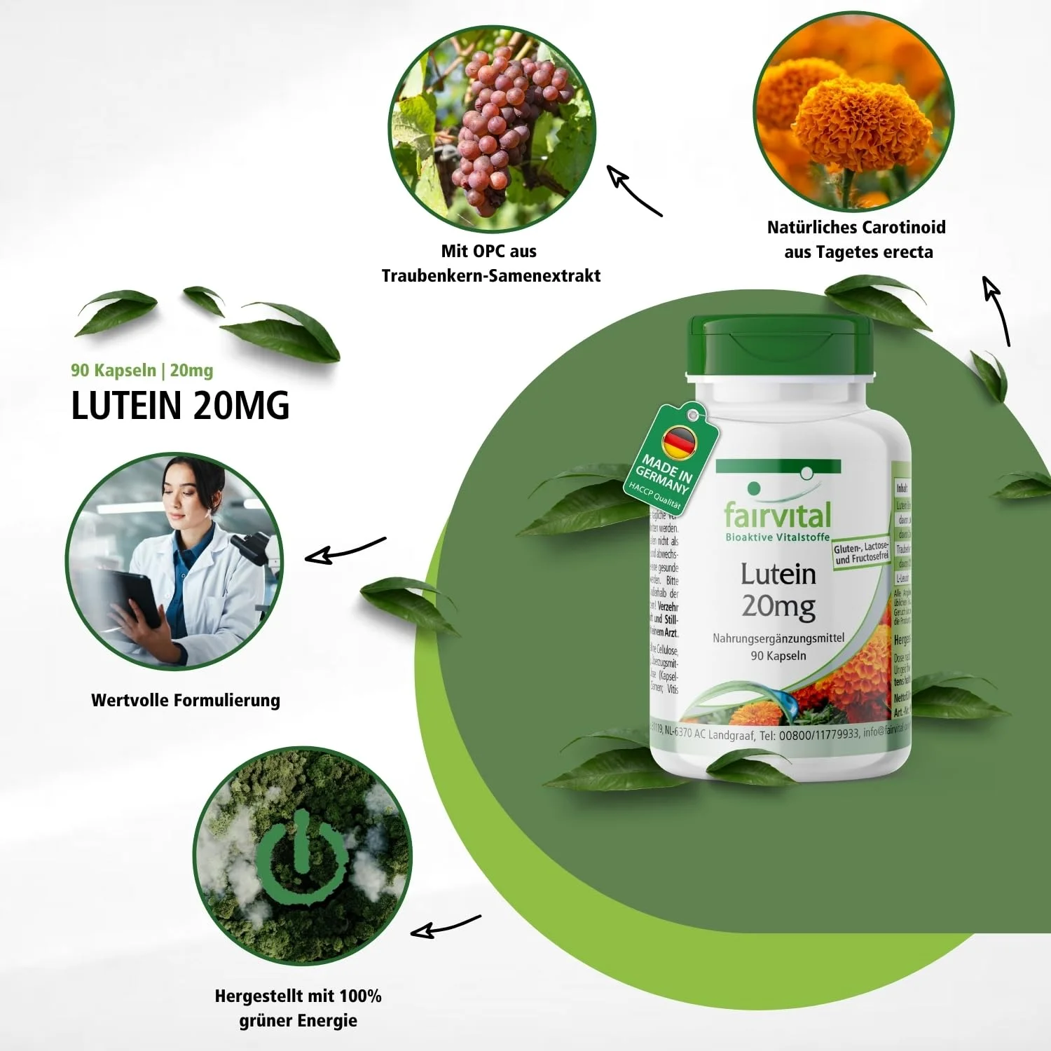 Lutein 20mg - 90 Kapseln - Schluckfreundlich - Mit Zeaxanthin - Mikroverkapselt - Ohne Magnesiumstearat | Fairvital