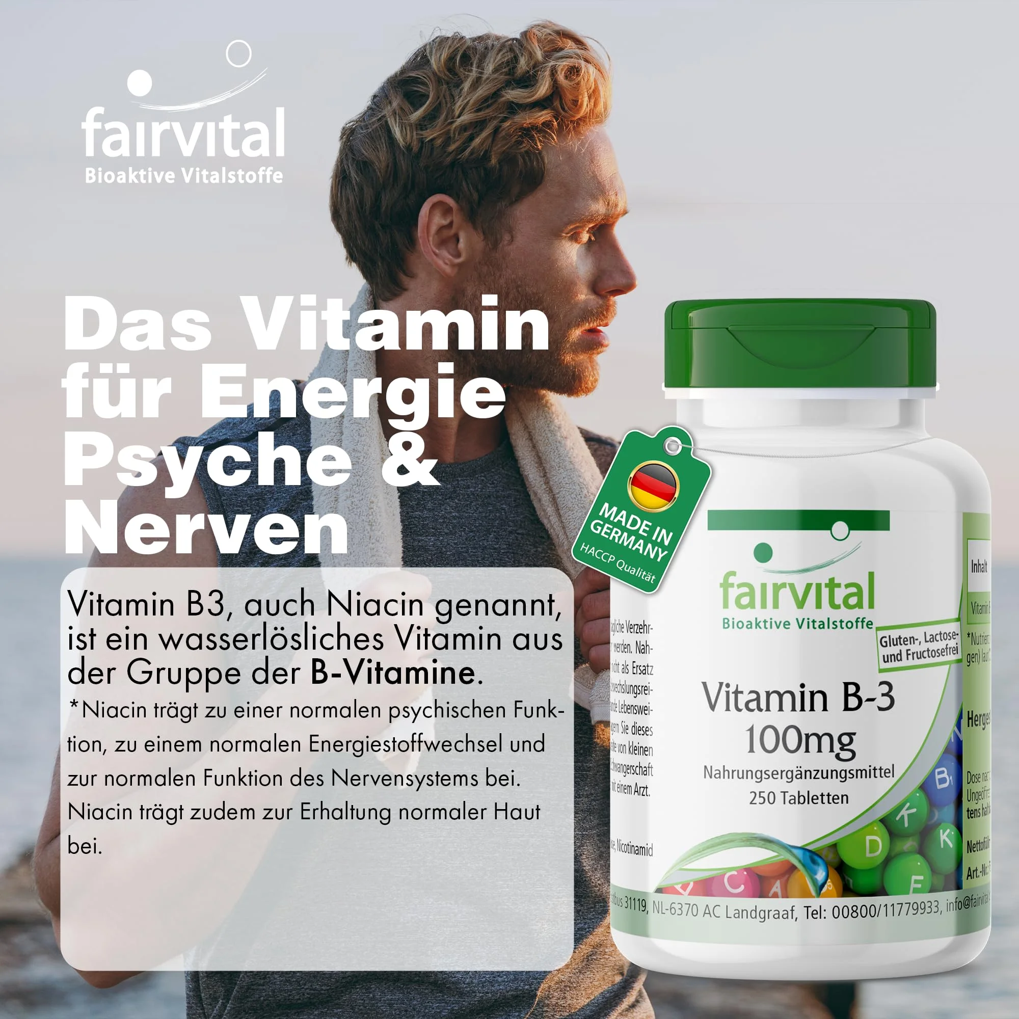 Vitamin B-3 Niacin 100mg - 250 Tabletten - Schluckfreundlich - Für Haut; Psyche; Nervensystem uvm. - Vegan | Fairvital