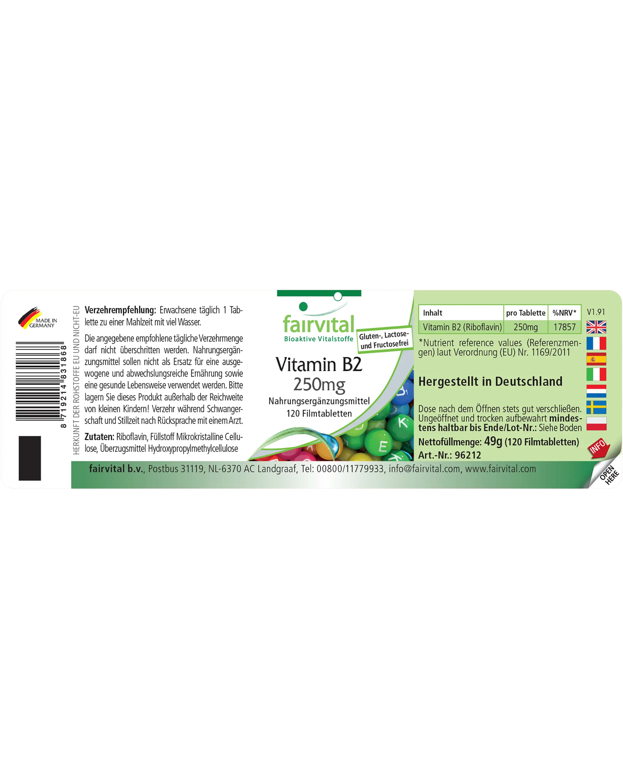 Vitamin B2 250mg - 120 Filmtabletten - Hochdosiert und Vegan | Fairvital