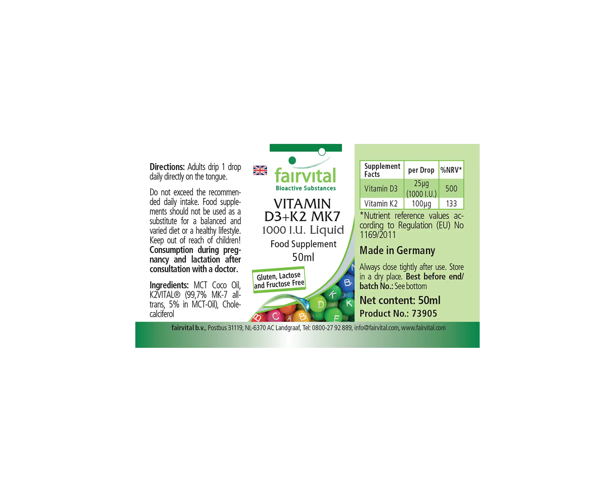 Vitamin D3 + K2 MK7 - 1000 I.E. + 100 μg - 50 ml - für Knochen, Immunsystem uvm. | Fairvital
