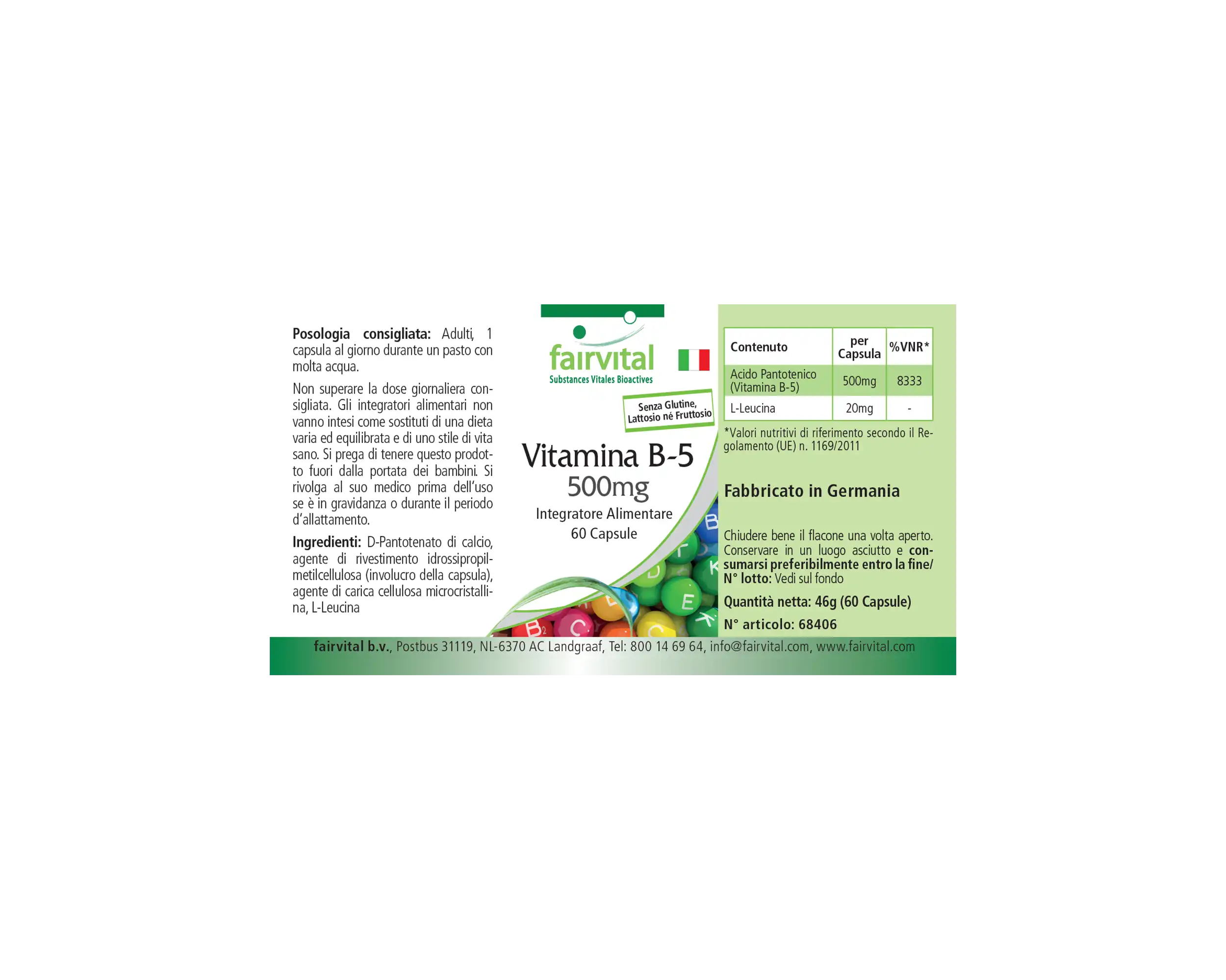 Vitamin B-5 500mg - 60 Kapseln - Pantothensäure - für geistige Leistung, gegen Müdigkeit - abgedeckter Bedarf | Fairvital