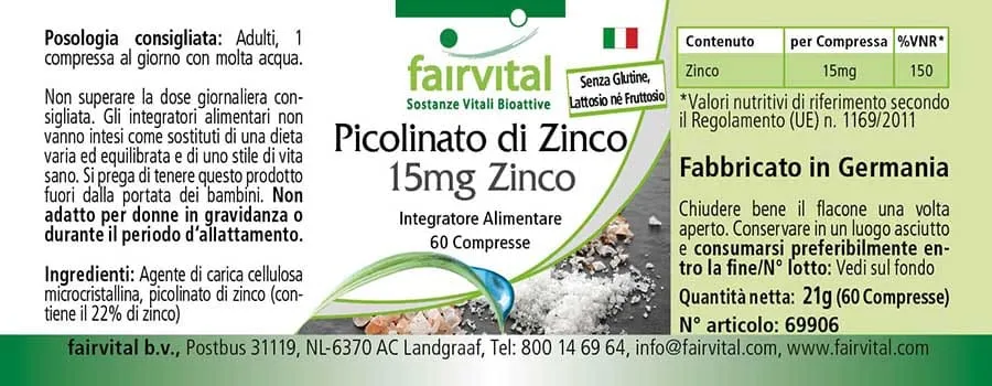 Picolinate de zinc avec 15mg de zinc - 60 comprimés