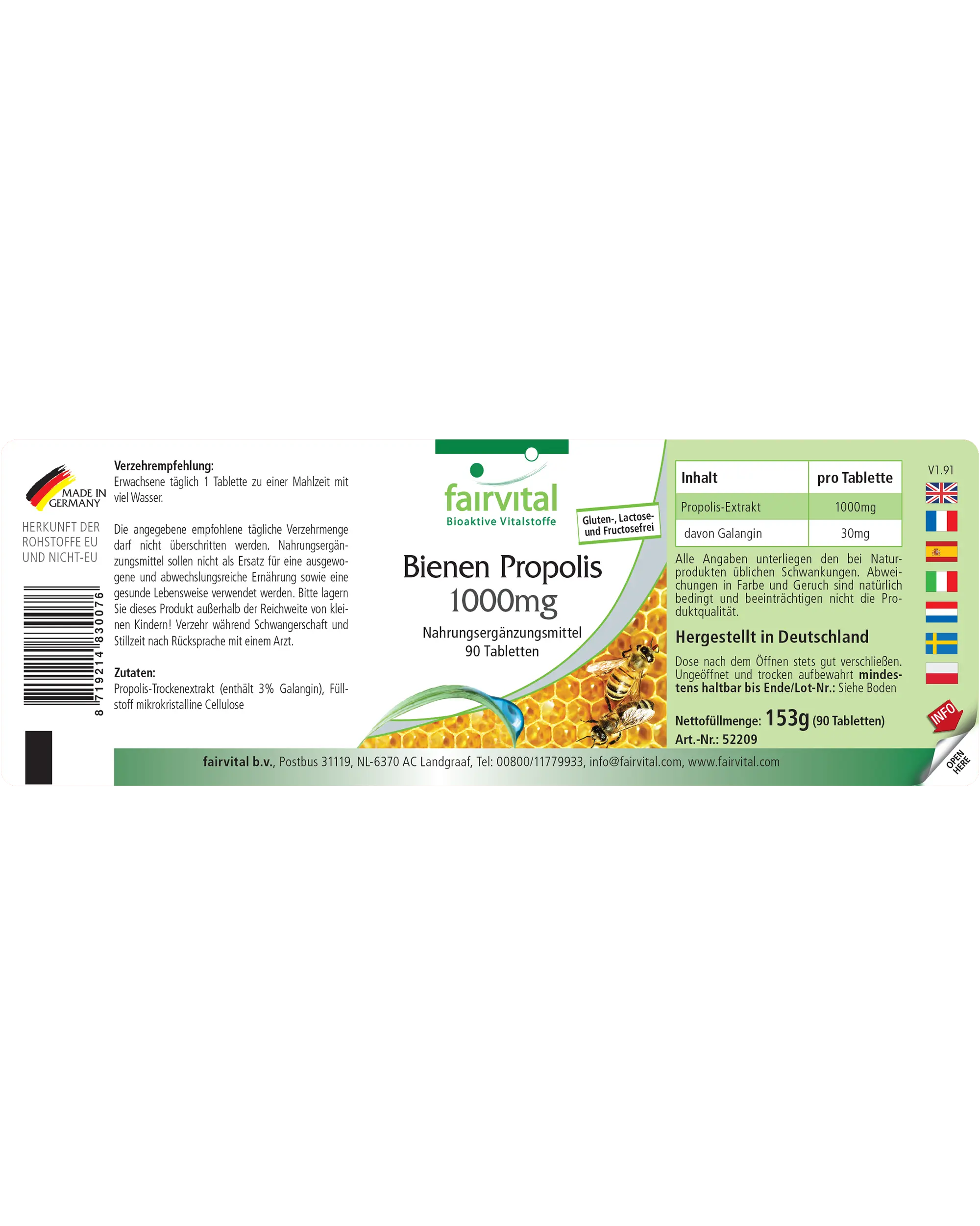 Bienen Propolis 1000mg - 90 Tabletten - Natürliches Bienenharz Extrakt - 3% Galangin - Hochdosiert | Fairvital
