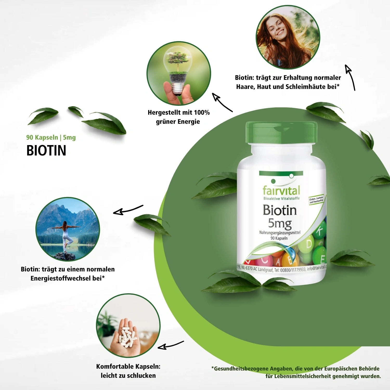 Biotin 5mg - 90 Kapseln - Schluckfreundlich - Für Haare, Haut, und Nervensystem - hochdosiert und Vegan | Fairvital