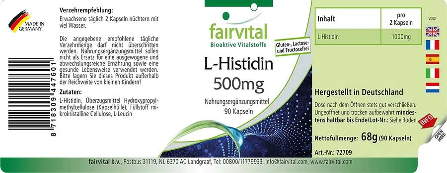 L-Histidin 500mg - 90 Kapseln - Aminosäure - Hochdosiert und Vegan | Fairvital L-Histidin 500mg - 90 Kapseln - Aminosäure - Hochdosiert und Vegan | Fairvital