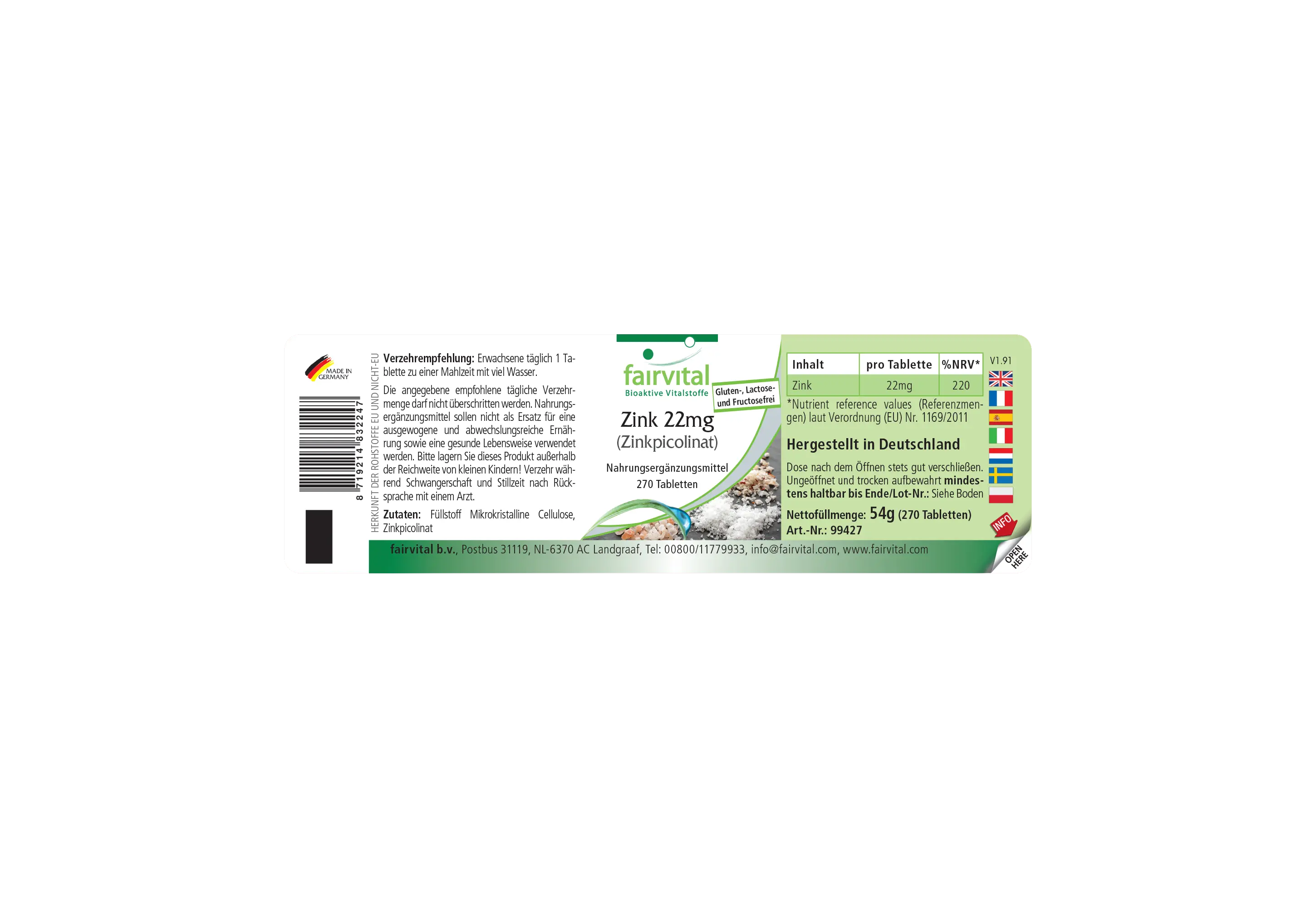 Zink 22mg (Zinkpicolinat) - 270 Tabletten - über 100% Bedarfsabdeckung - für Haut, Sehkraft, Knochen uvm. - vegan | Fairvital