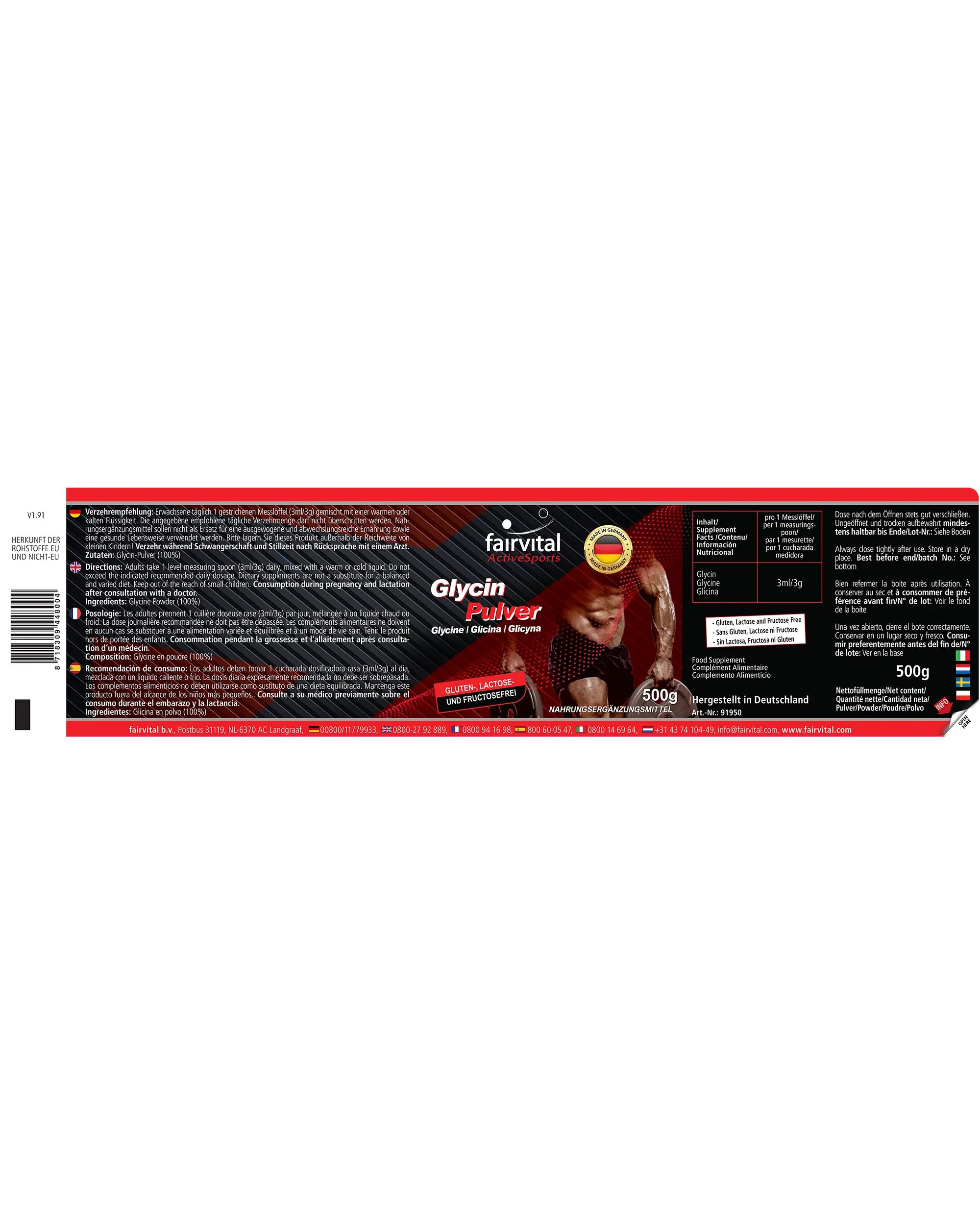 Glycin Pulver - 500g - Aminosäure - Active Sports - 100% reines Glycin Pulver - vegan | Fairvital