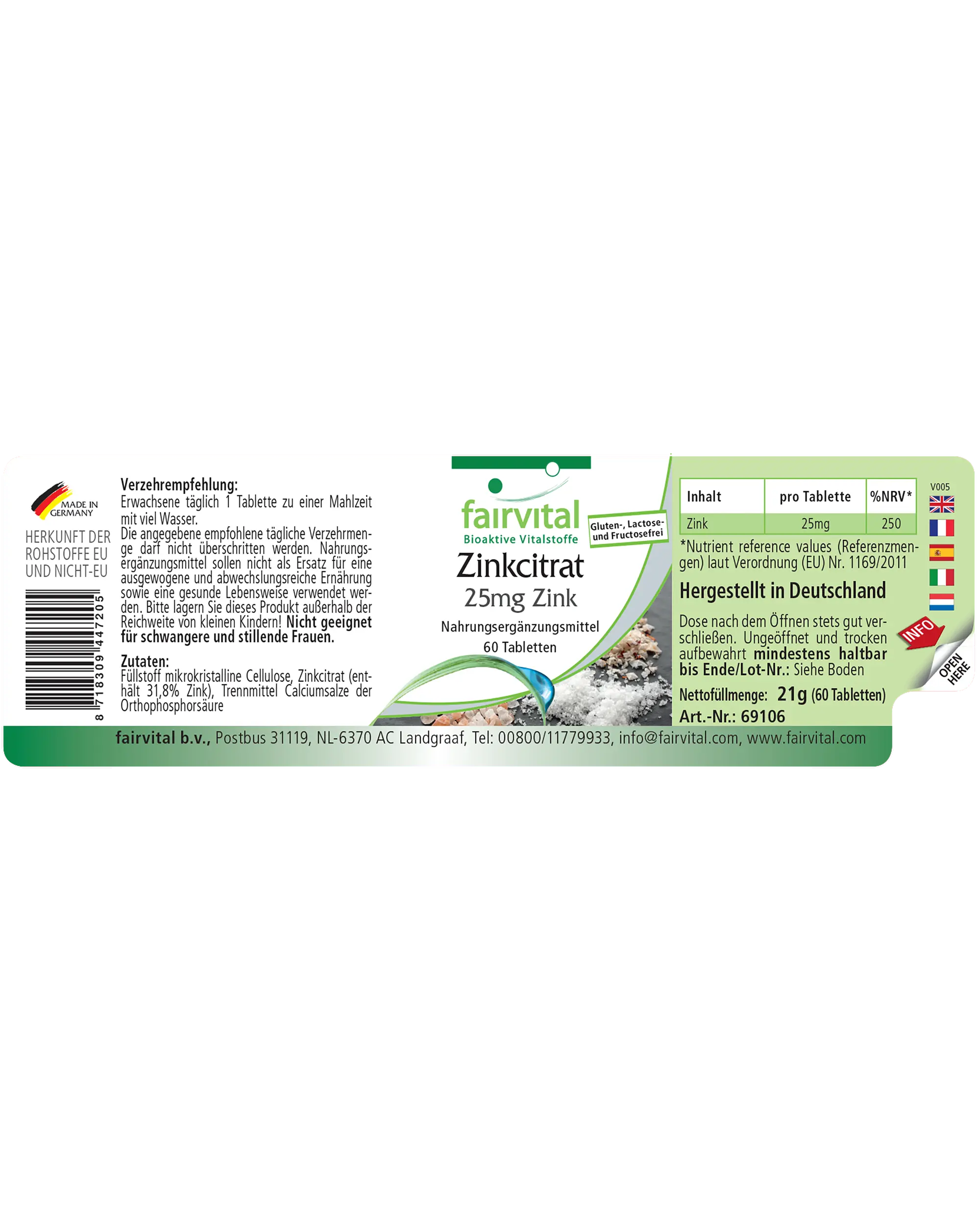 Zinkcitrat mit 25mg Zink - 60 Tabletten - für Immunsystem, Haut, Haare, Sehkraft uvm. - abgedeckter Bedarf - Vegan | Fairvital