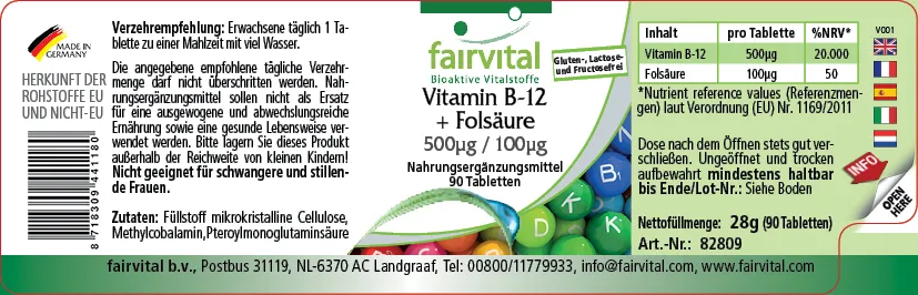 Vitamina B-12 + Folsäure 500µg / 100µg - 90 comprimidos