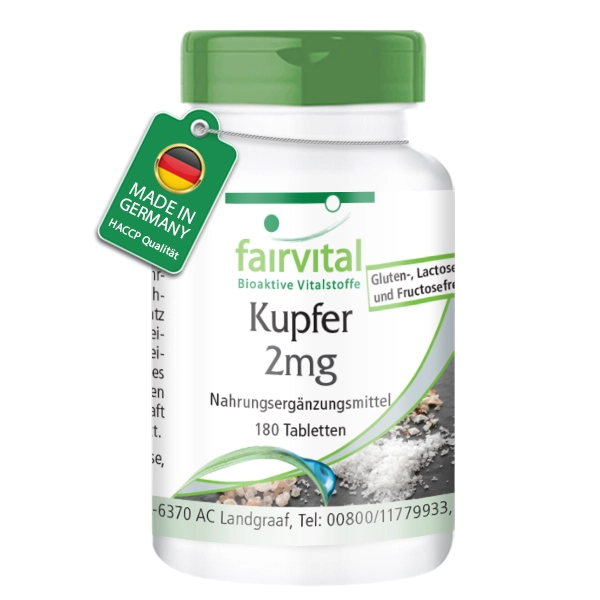 Kupfer 2mg - 180 Tabletten - für Immunsystem, Haut-/ Haarpigmentierung uvm. - vegan | Fairvital