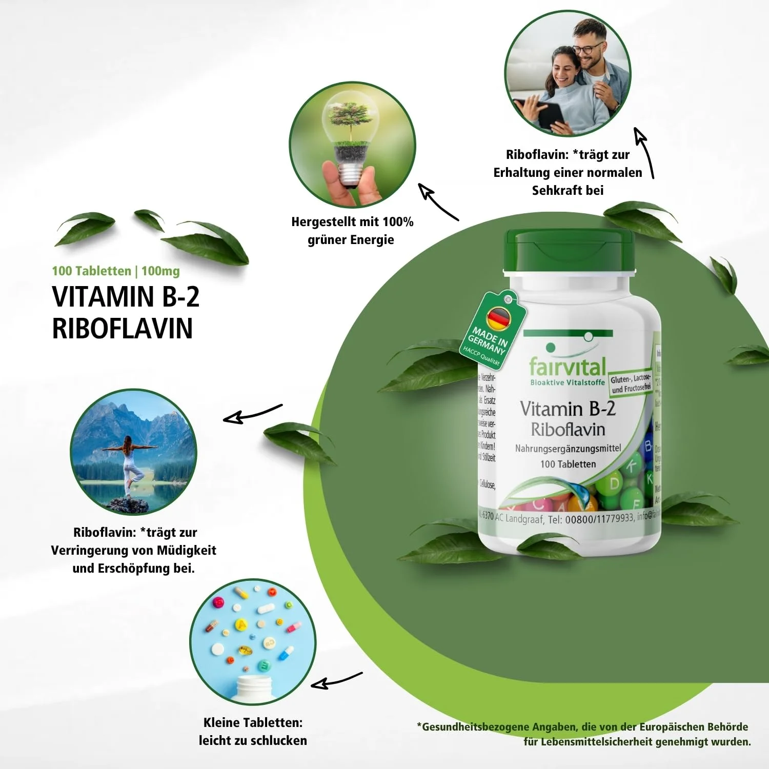 Vitamin B-2 Riboflavin - 100 Tabletten - Schluckfreundlich - Für Sehkraft; Haut uvm. - Abgedeckter Bedarf - vegan | Fairvital