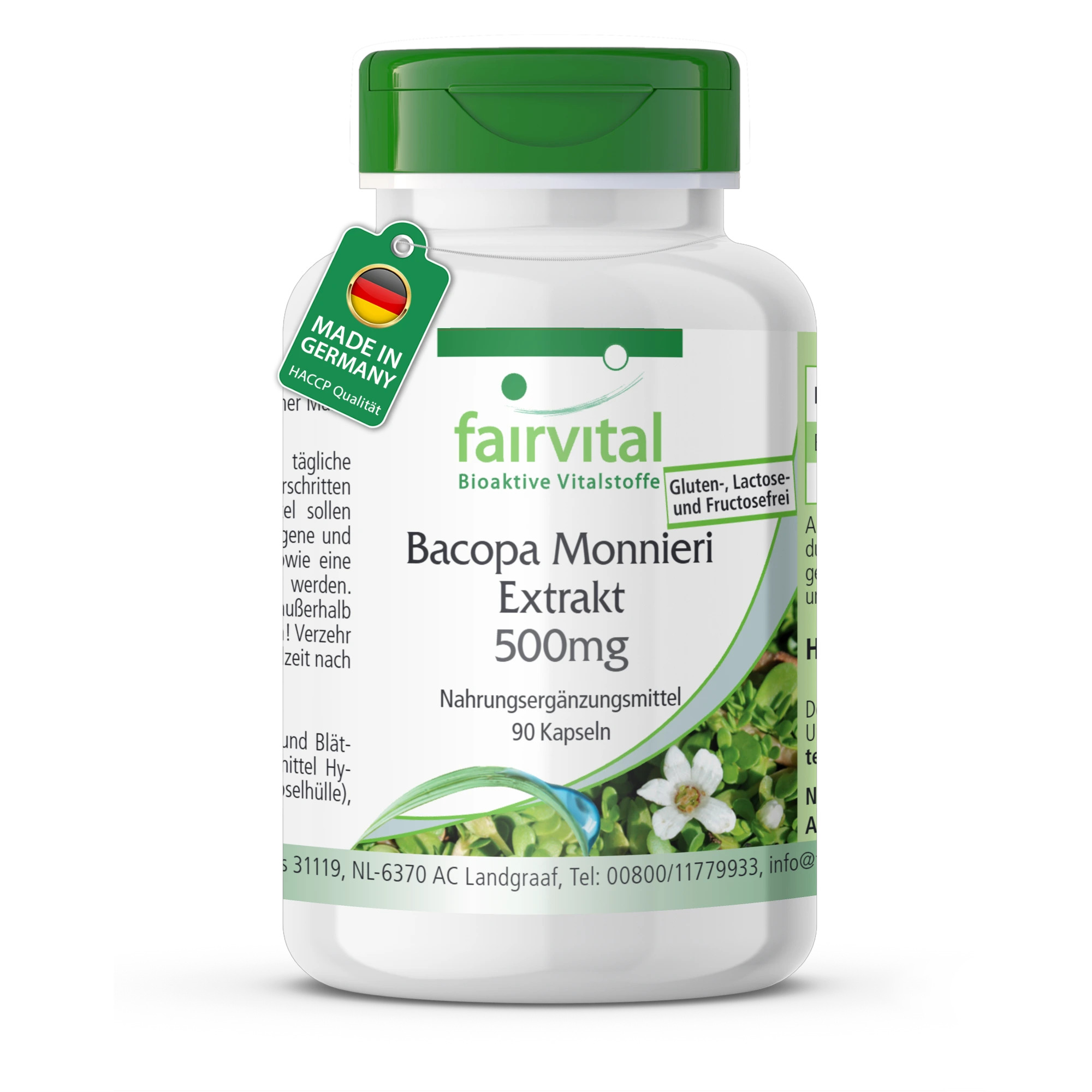 Bacopa Monnieri Extrakt 500mg - 90 Kapseln - Schluckfreundlich - Brahmi Kapseln - mit 20% Bacoside - Hochdosiert und Vegan | Fairvital
