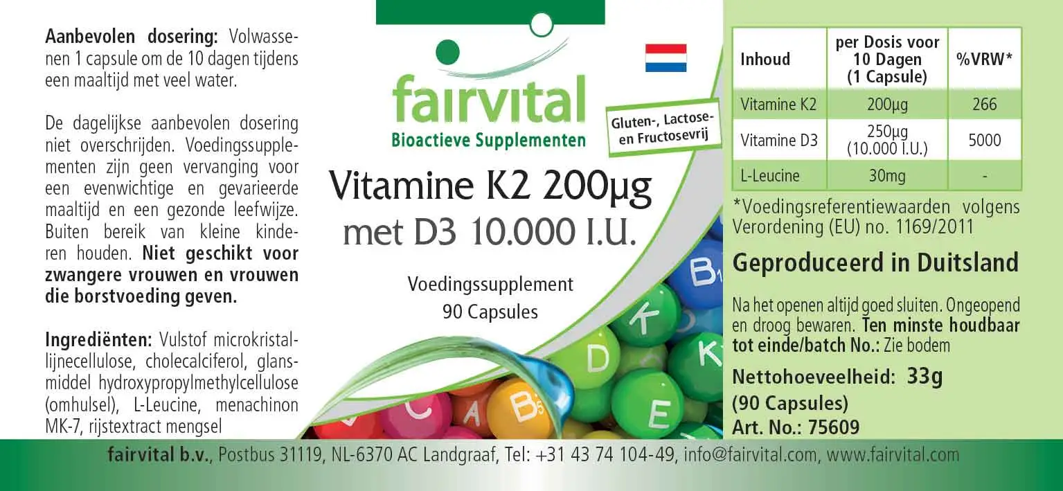 Vitamin K2 200µg mit D3 10000 I.E. - 90 Kapseln - für Knochen, Blutgerinnung uvm. | Fairvital Vitamin K2 200µg mit D3 10000 I.E. - 90 Kapseln - für Knochen, Blutgerinnung uvm. | Fairvital