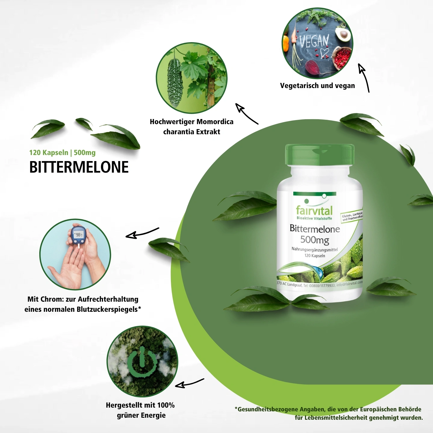 Bittermelone 500mg - mit Chrom - für Blutzuckerspiegel - 120 Kapseln - 150% abgedeckter Bedarf - Hochdosiert und Vegan | Fairvital