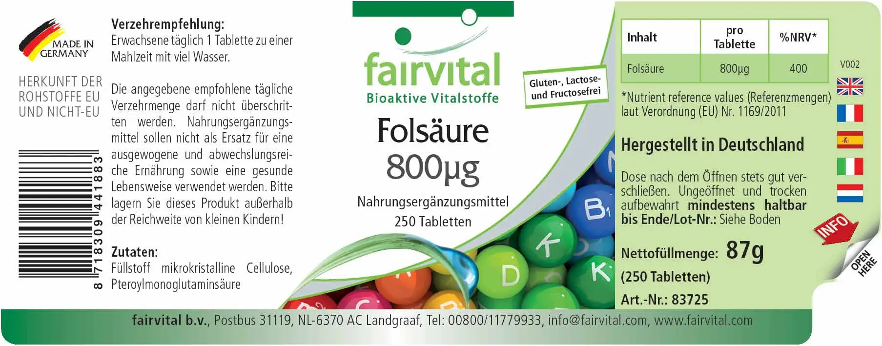 Foliumzuur 800µg - 250 tabletten