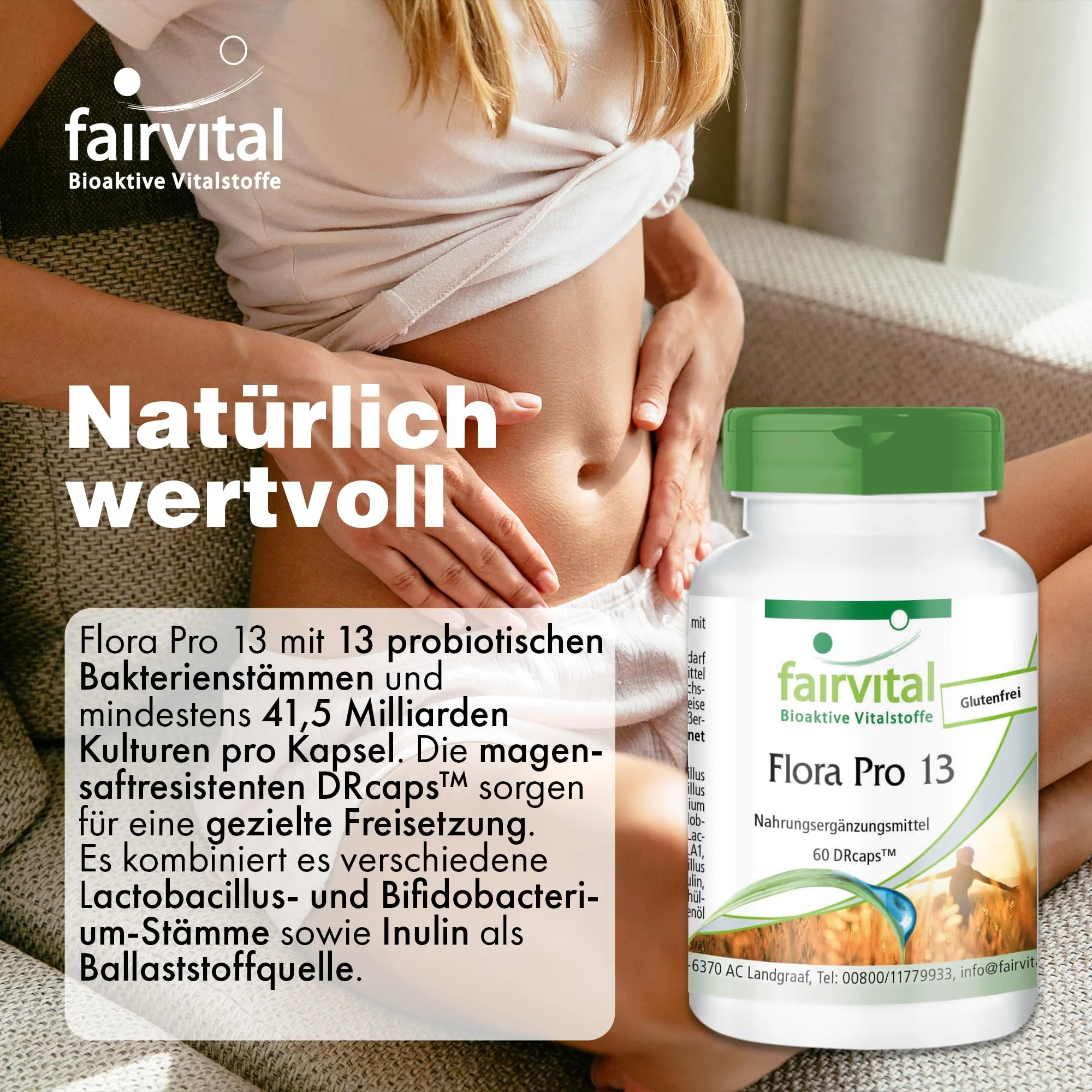 Flora Pro 13 - 60 Kapseln - Schluckfreundlich - 13 Bakterienstämme & 41;5 Milliarden Kulturen pro Kapsel - Hochdosiert | Fairvital