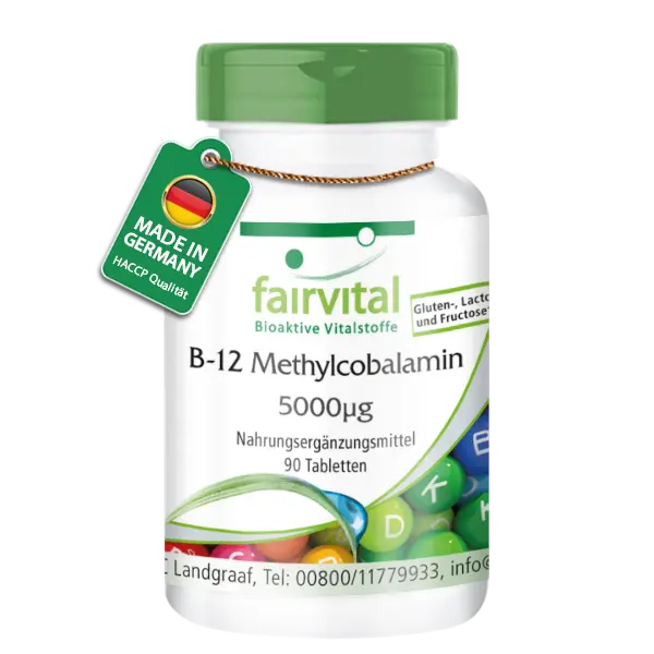 B-12 Methylcobalamin 5000µg - 90 Tabletten - mit Vitamin B12 für Immunsystem, gegen Müdigkeit uvm. - Hochdosiert und Vegan | Fairvital B-12 Methylcobalamin 5000µg - 90 Tabletten - mit Vitamin B12 für Immunsystem, gegen Müdigkeit uvm. - Hochdosiert und Vegan | Fairvital