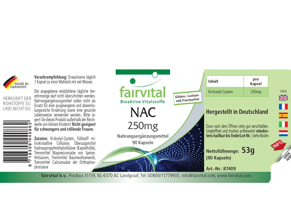 NAC 250mg - 90 Kapseln - N-Acetyl-Cystein - Aminosäure - Vegan | Fairvital NAC 250mg - 90 Kapseln - N-Acetyl-Cystein - Aminosäure - Vegan | Fairvital
