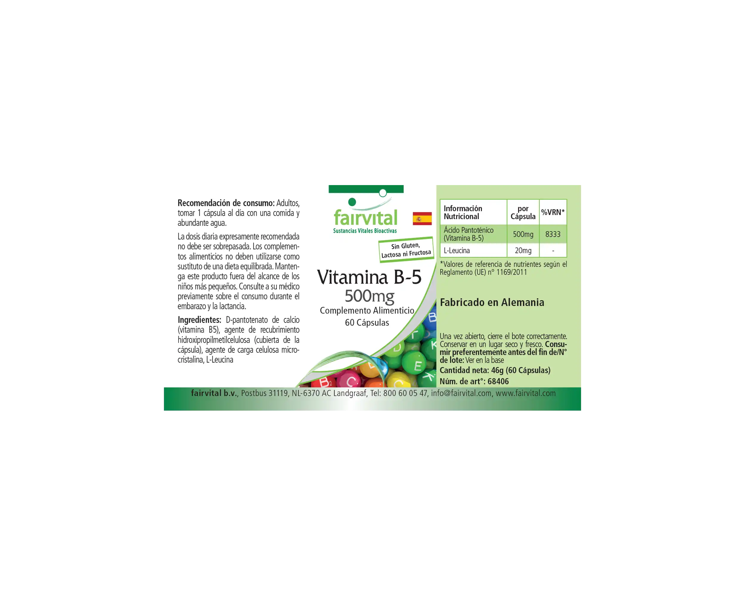 Vitamin B-5 500mg - 60 Kapseln - Pantothensäure - für geistige Leistung, gegen Müdigkeit - abgedeckter Bedarf | Fairvital