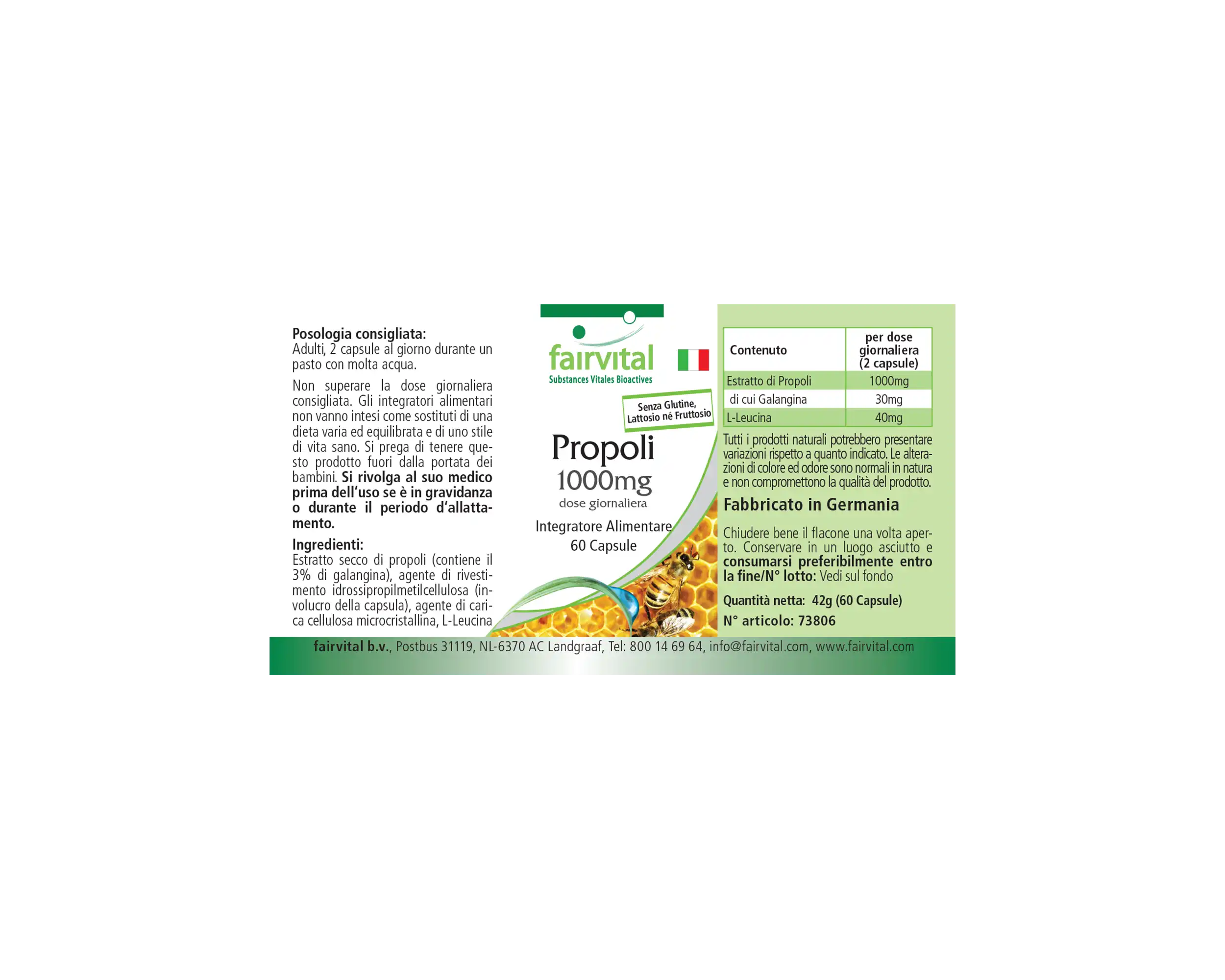 Propoli 1000mg Dose Giornaliera – 60 Capsule – Estratto Naturale di Resina d'Ape – Con 3% di Galangina | Fairvital