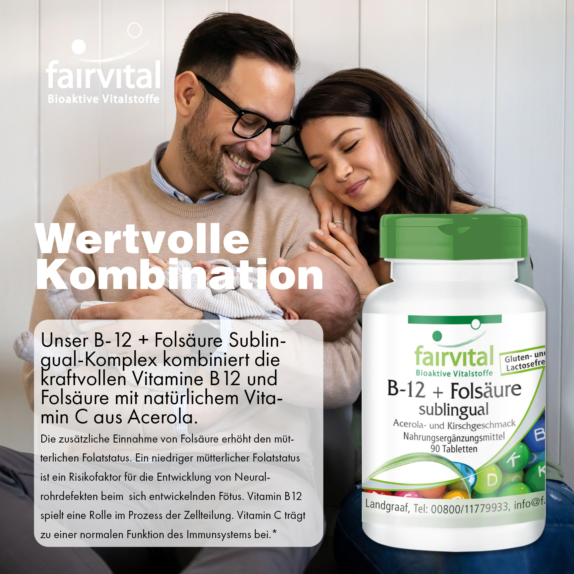 B-12 + Folsäure sublingual - 90 Tabletten - mit Vitamin C - für Immunsystem, gegen Müdigkeit uvm. | Fairvital