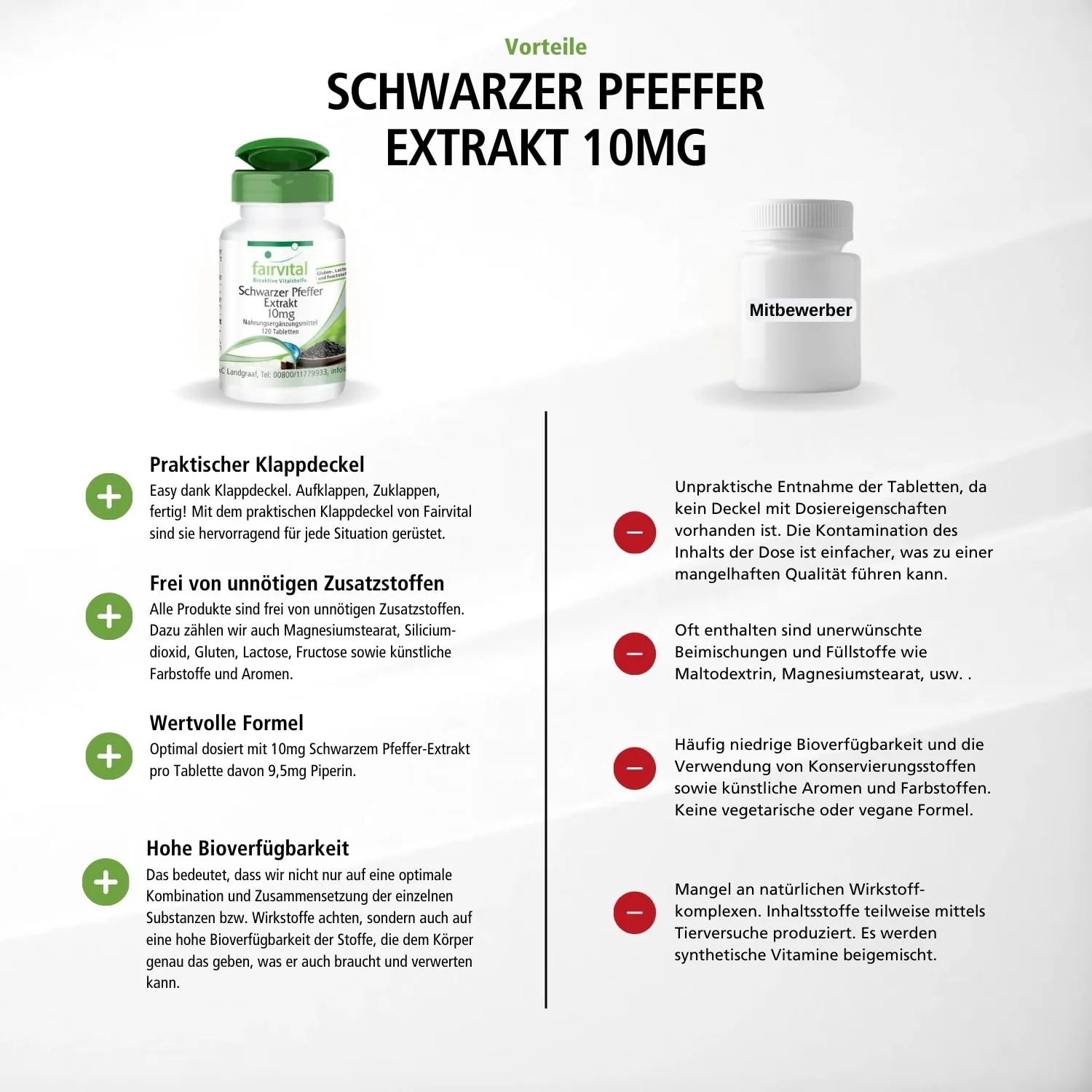 Schwarzer Pfeffer Extrakt 10mg - 120 Tabletten - Schluckfreundlich - 95% Piperin - Vegan | Fairvital