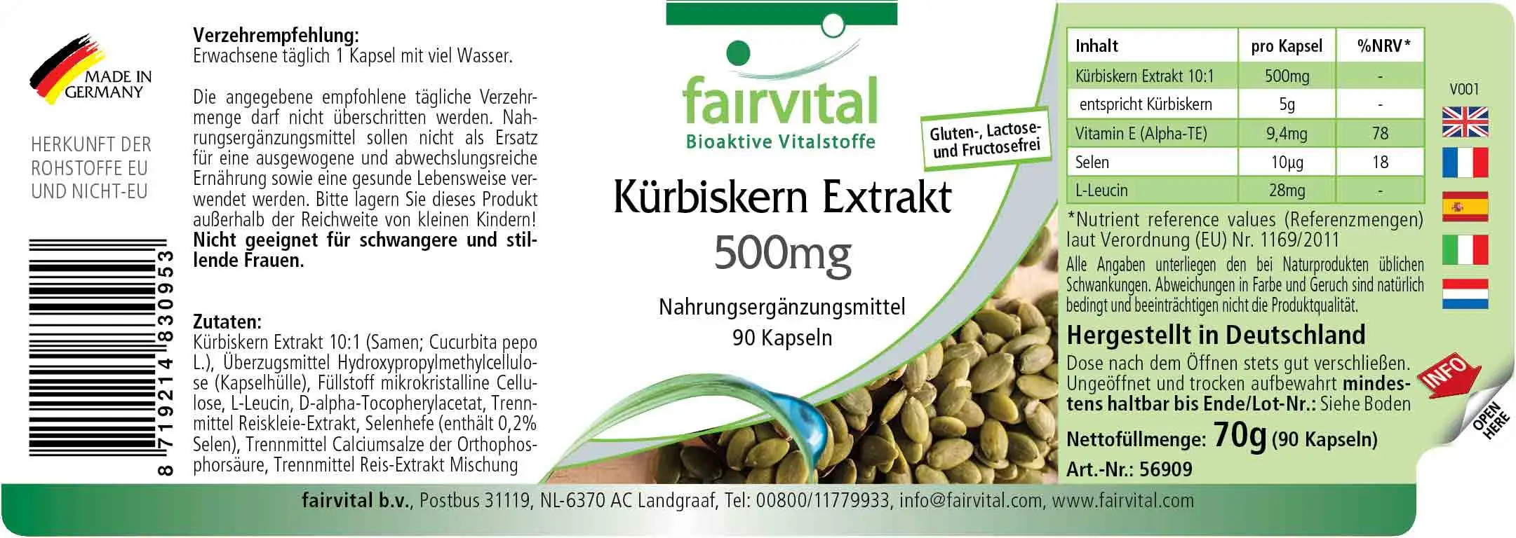 Kürbiskern Extrakt 500mg - 90 Kapseln - mit Selen und Vitamin E - für Zellschutz, Schilddrüse uvm. - Vegan | Fairvital Kürbiskern Extrakt 500mg - 90 Kapseln - mit Selen und Vitamin E - für Zellschutz, Schilddrüse uvm. - Vegan | Fairvital