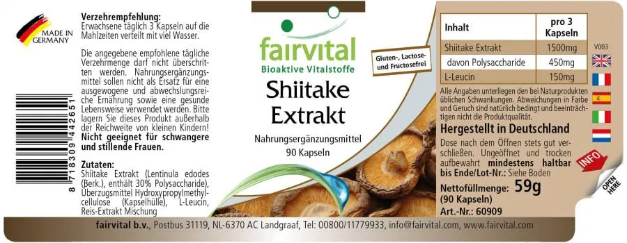 Shiitake Extrakt - 90 Kapseln - Lentinula edodes - 30% Polysaccharide - Hochdosiert und Vegan | Fairvital Shiitake Extrakt - 90 Kapseln - Lentinula edodes - 30% Polysaccharide - Hochdosiert und Vegan | Fairvital