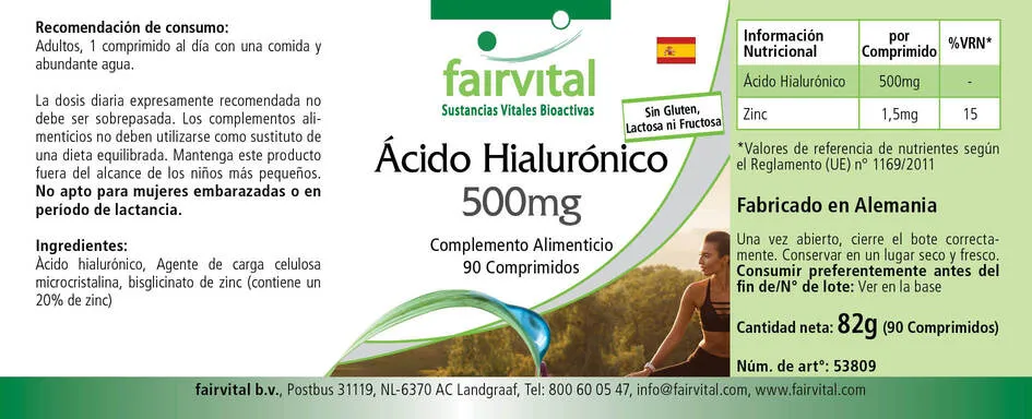 Hyaluronsäure 500mg - 90 Tabletten - mit Zink - für Sehkraft, Immunsystem uvm. - Vegan | Fairvital Hyaluronsäure 500mg - 90 Tabletten - mit Zink - für Sehkraft, Immunsystem uvm. - Vegan | Fairvital