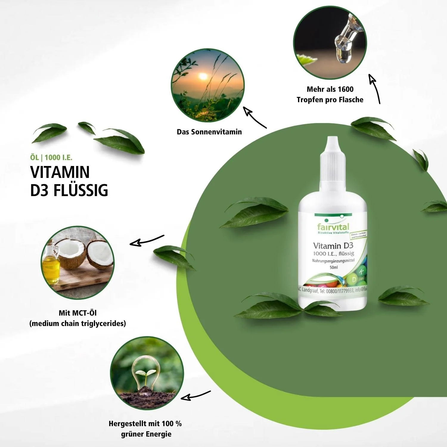 Vitamin D3 flüssig 1000 I.E. pro Tropfen - abgedeckter Bedarf | Fairvital