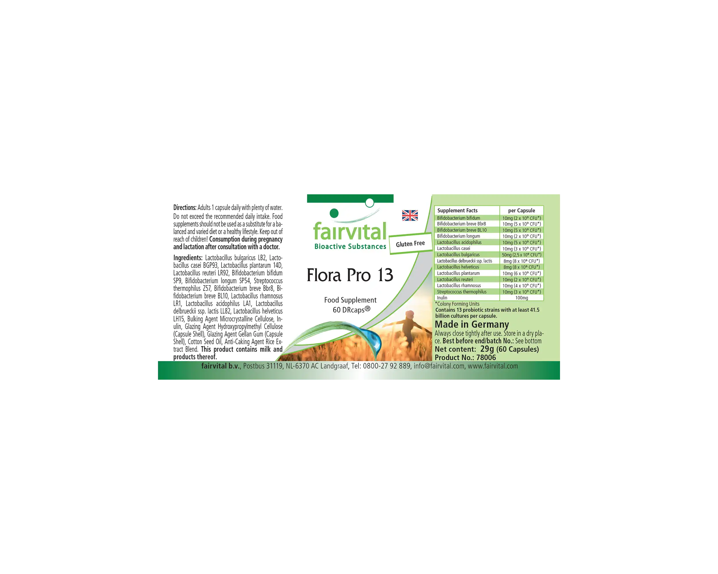 Flora Pro 13 - 60 Kapseln - 13 Bakterienstämme & 41,5 Milliarden Kulturen pro Kapsel - Hochdosiert | Fairvital