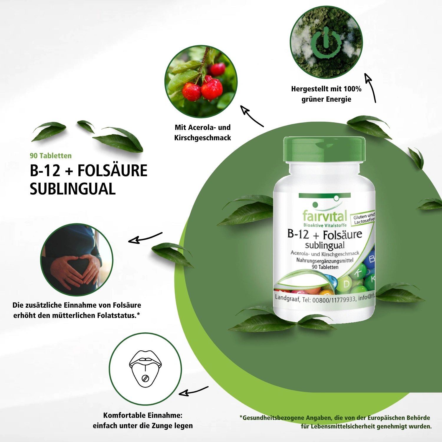 B-12 + Folsäure sublingual - 90 Tabletten - mit Vitamin C - für Immunsystem, gegen Müdigkeit uvm. | Fairvital