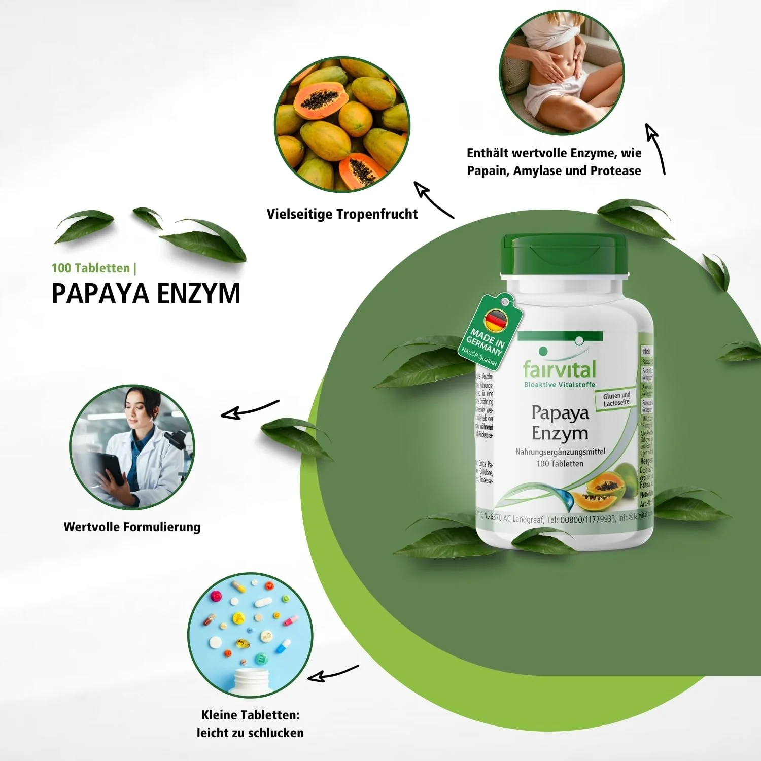 Papaya Enzym - 100 Tabletten - Schluckfreundlich - mit Papain; Amylase und Protease - Hochdosiert und Vegan | Fairvital