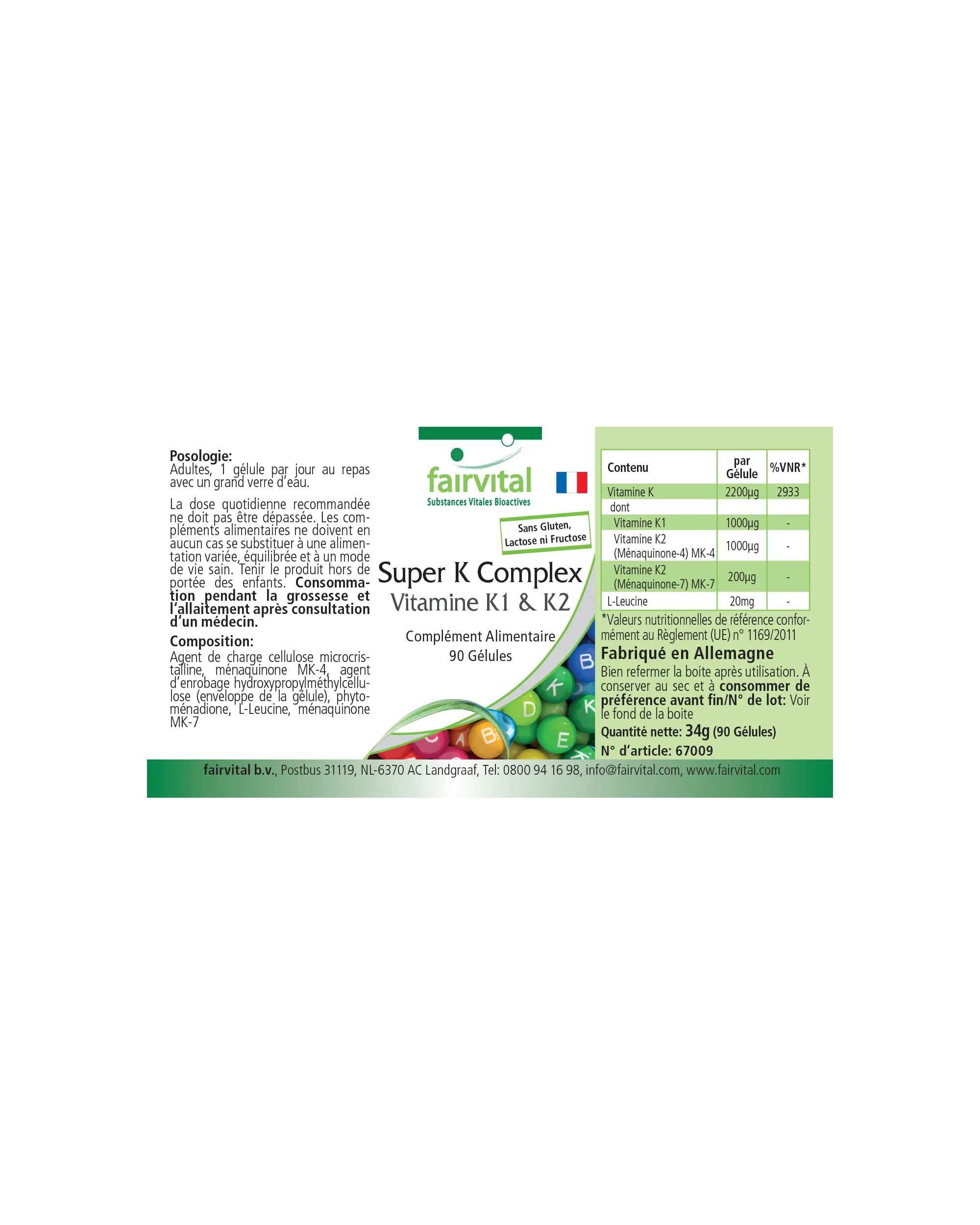 Super K Komplex Vitamin K1 und K2 - 90 Kapseln - für Knochen und Blutgerinnung - abgedeckter Bedarf - Vegan | Fairvital