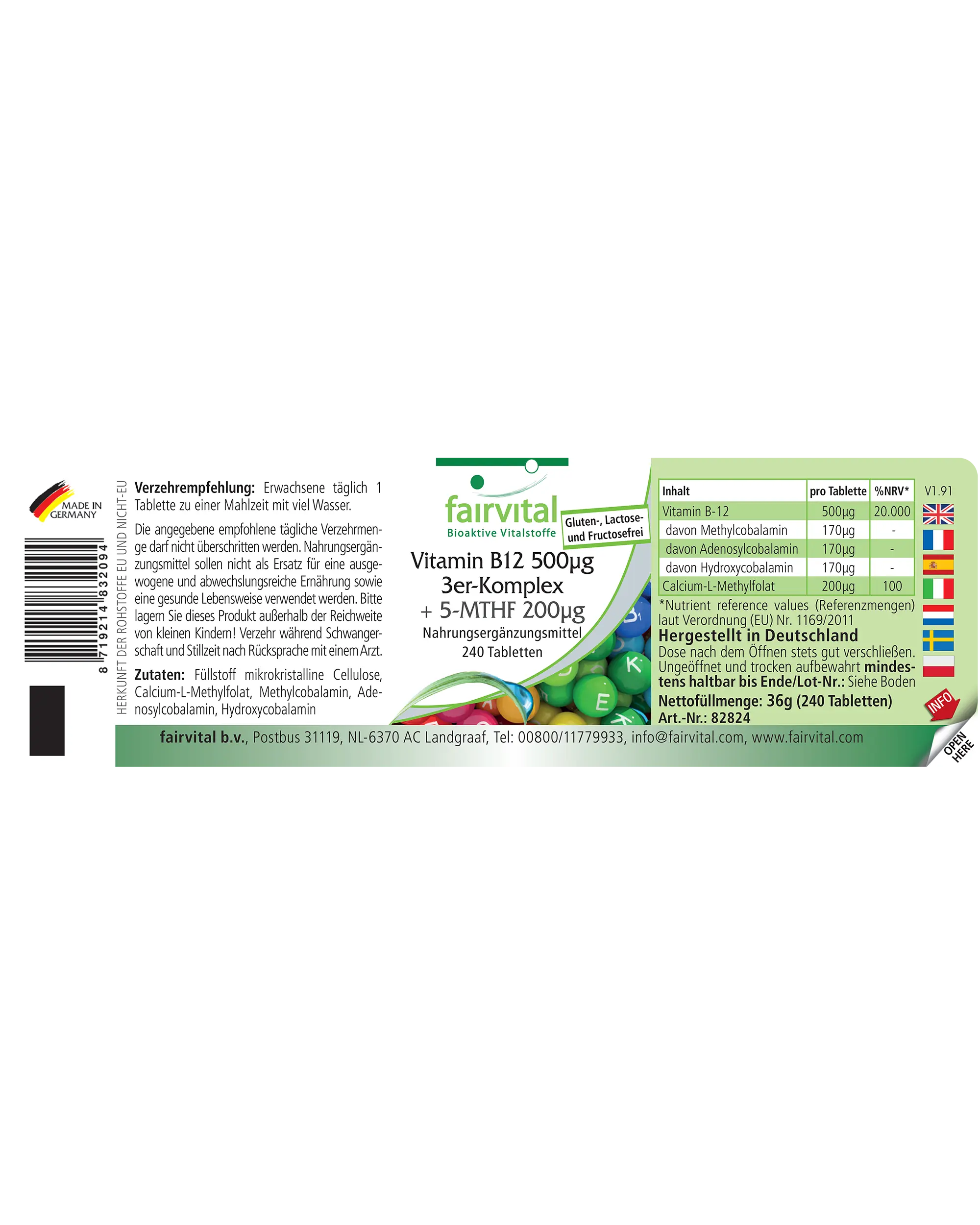 Vitamin B12 500µg 3er-Komplex + 5-MTHF 200µg - 240 Tabletten - schluckfreundlich - für Energie, Immunsystem uvm. - über 100% Bedarfsabdeckung | Farvital