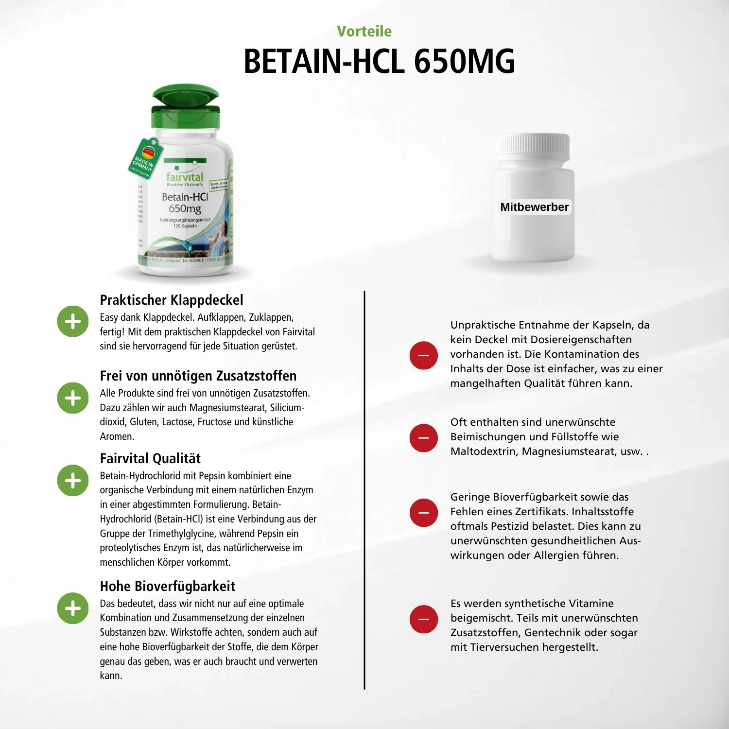 Betain-HCl 650mg - 120 Kapseln - mit Pepsin | Fairvital