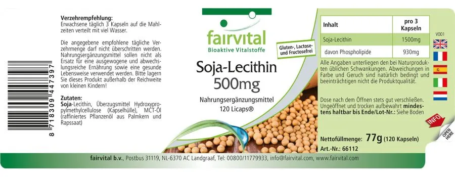 Soja-Lecithin 500mg - 120 LiCaps® - Hochdosiert und Vegan | Fairvital Soja-Lecithin 500mg - 120 LiCaps® - Hochdosiert und Vegan | Fairvital