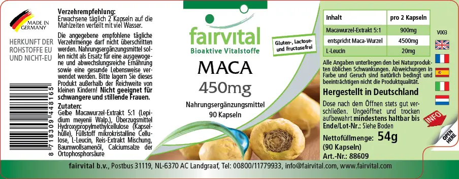 MACA 450mg - 90 Kapseln - 4-fach konzentrierter Wurzelextrakt - Hochdosiert und Vegan | Fairvital MACA 450mg - 90 Kapseln - 4-fach konzentrierter Wurzelextrakt - Hochdosiert und Vegan | Fairvital