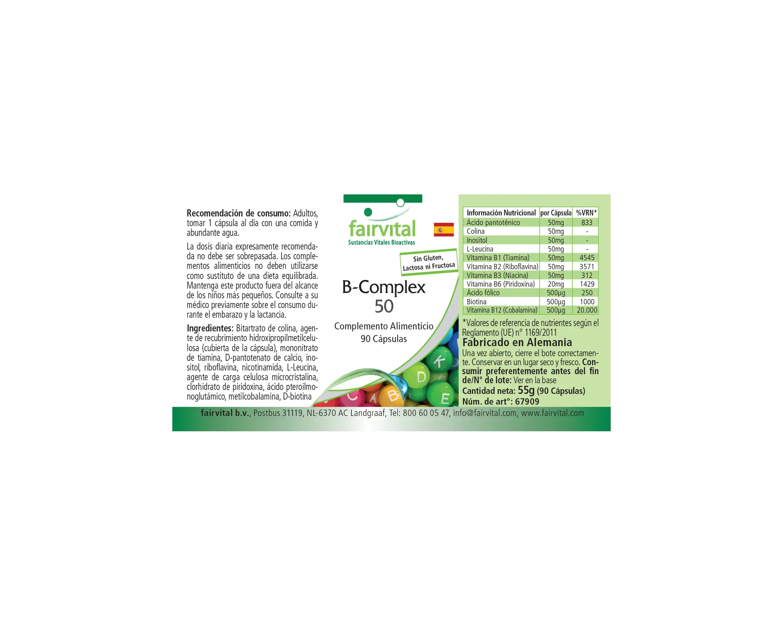 B-Komplex 50 - 90 Kapseln - mit B-Vitaminen, Cholin uvm. - für Immunsystem, Fettstoffwechsel, gegen Müdigkeit - abgedeckter Bedarf | Fairvital