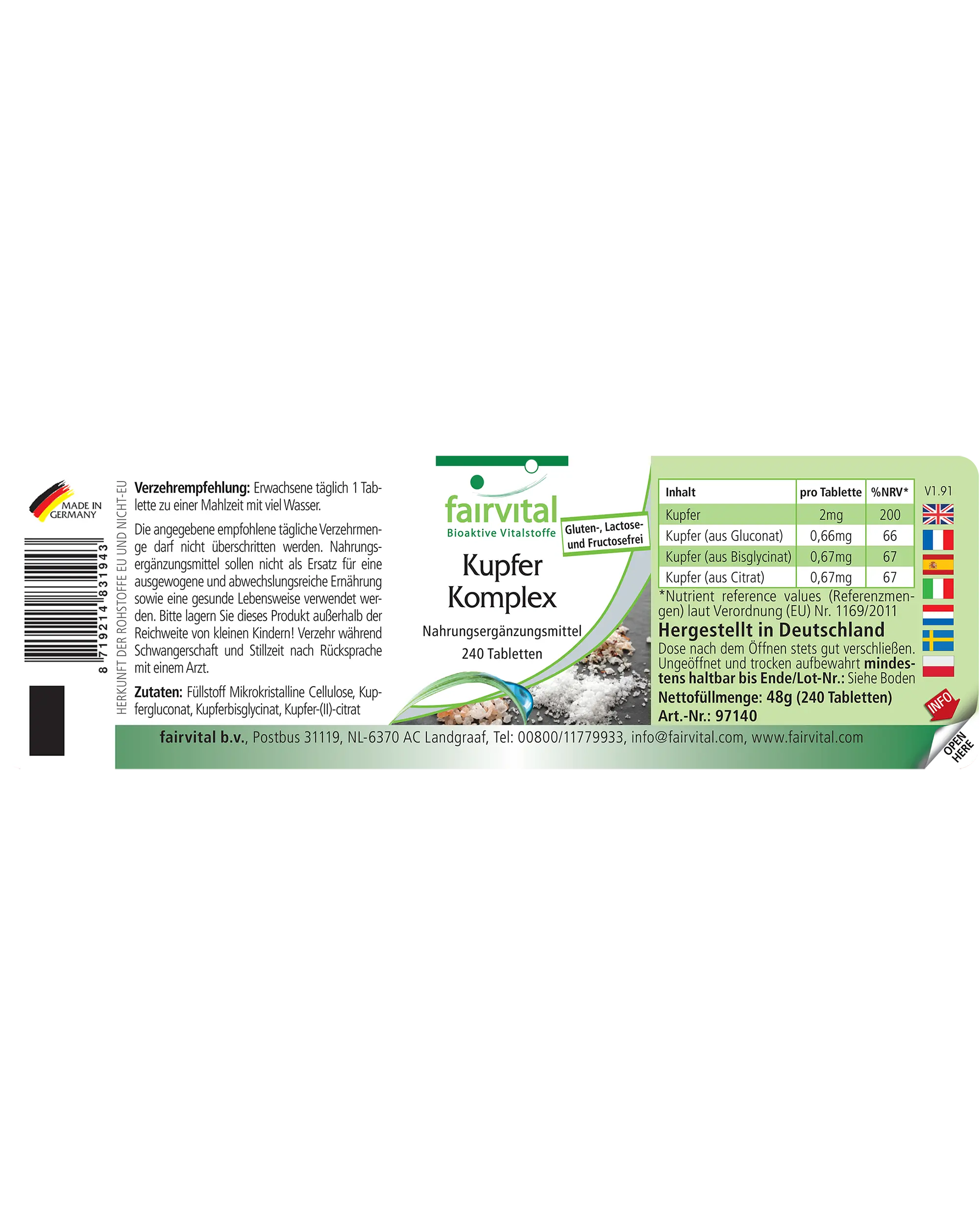 Copper complex - 240 tablets - over 100% daily requirement - for immune system, nervous system, cell protection & more - vegan | Fairvital